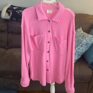 Pink Waffle Knit oversized Button-Up